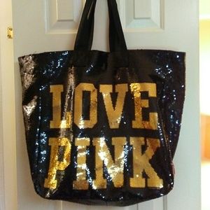 STUNNING Large Black & Gold Sequined PINK Tote